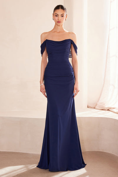 Chiffon Fitted Off Shoulder Gown in Navy by Amoris T705