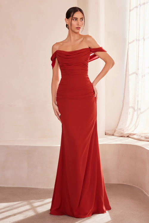 Chiffon Fitted Off Shoulder Gown in Navy by Amoris T705