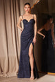 Glitter Fitted Sleeveless Slit Gown by Amoris T707 – Navy