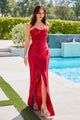 Satin Fitted Strapless Slit Gown by Amoris T708 – Burgundy