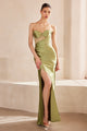Satin Fitted Strapless Slit Gown by Amoris T708 – Burgundy