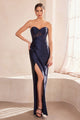 Satin Fitted Strapless Slit Gown by Amoris T708 – Burgundy