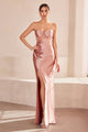 Satin Fitted Strapless Slit Gown by Amoris T708 – Burgundy