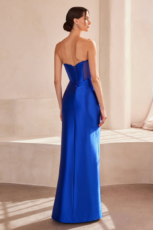 Satin Fitted Strapless Slit Gown by Amoris T708 – Burgundy