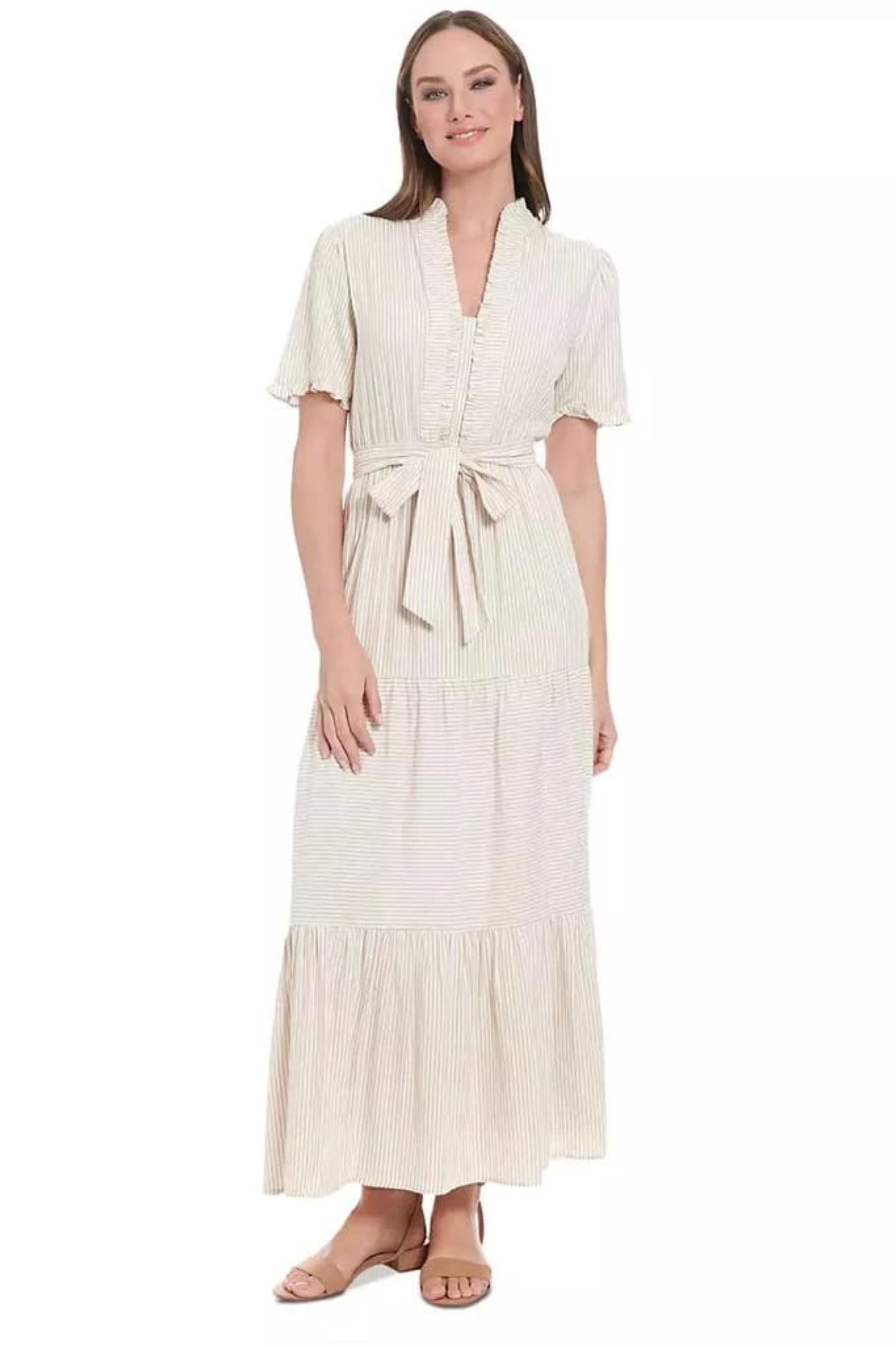 London Times T7395M Irish Cream White Stripe Tiered Short Sleeve Maxi Dress with Striped Design