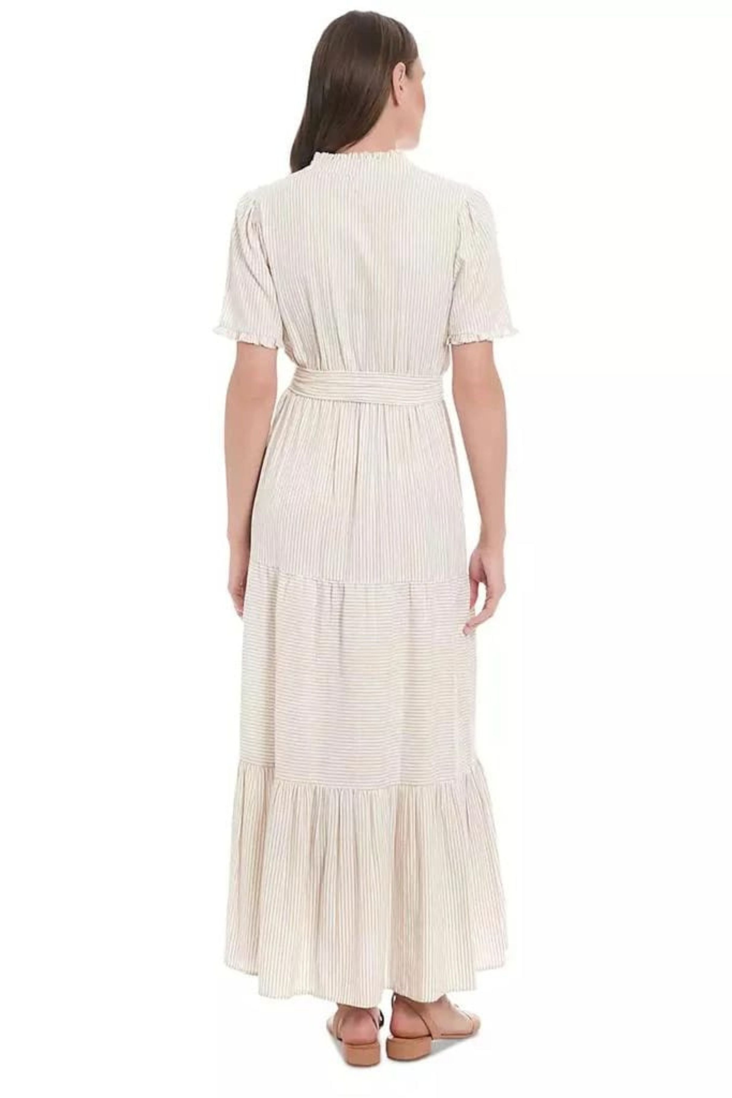 London Times T7395M Irish Cream White Stripe Tiered Short Sleeve Maxi Dress with Striped Design