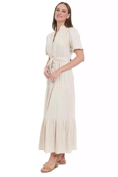London Times T7395M Irish Cream White Stripe Tiered Short Sleeve Maxi Dress with Striped Design
