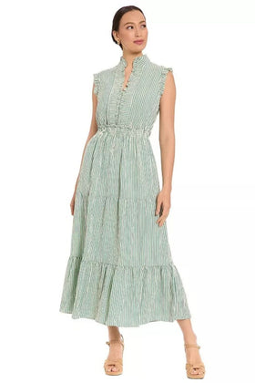 London Times T7445M Striped Tiered Ruffle Sleeveless Collared A-Line Maxi Dress with Ruffled Detail