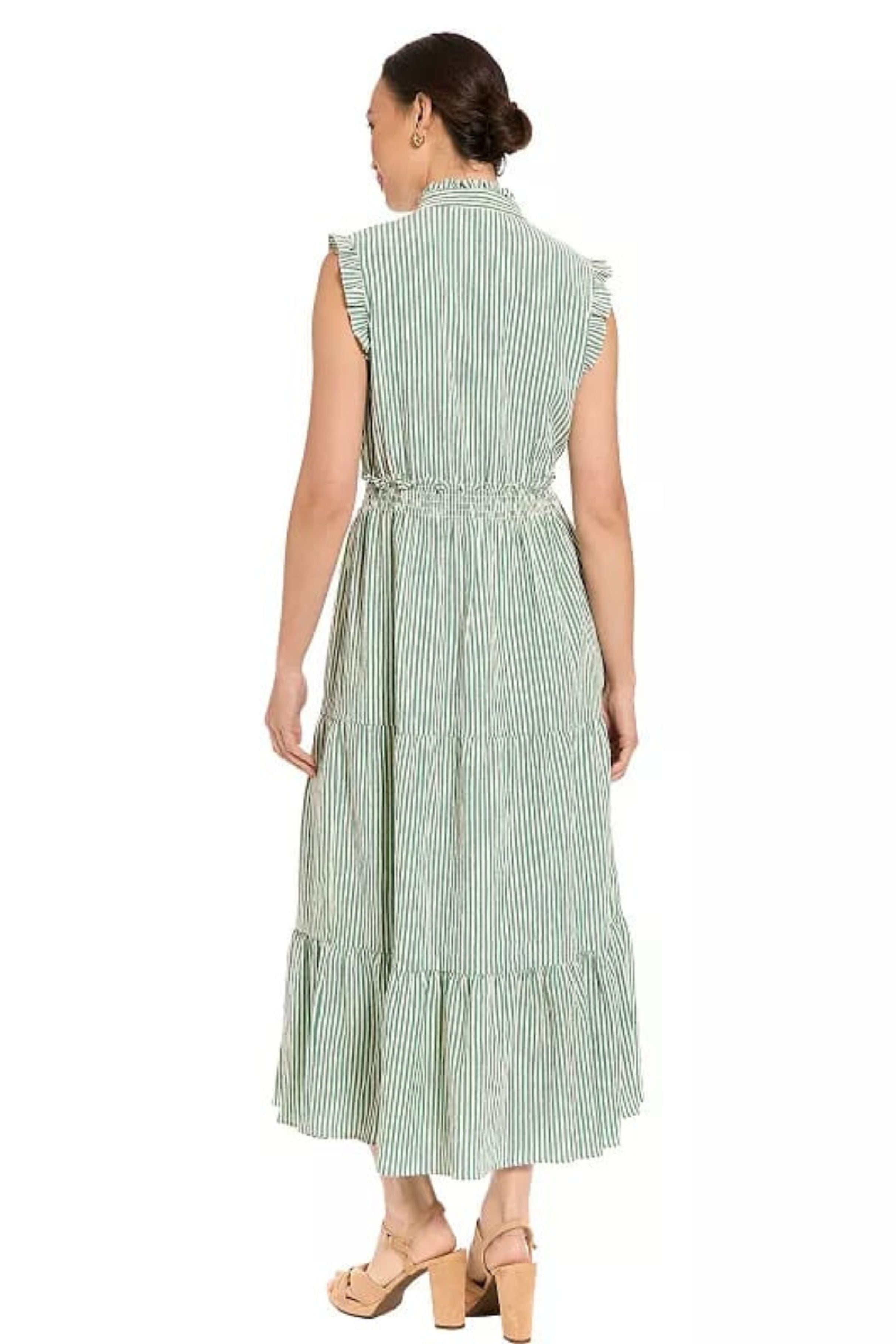 London Times T7445M Striped Tiered Ruffle Sleeveless Collared A-Line Maxi Dress with Ruffled Detail