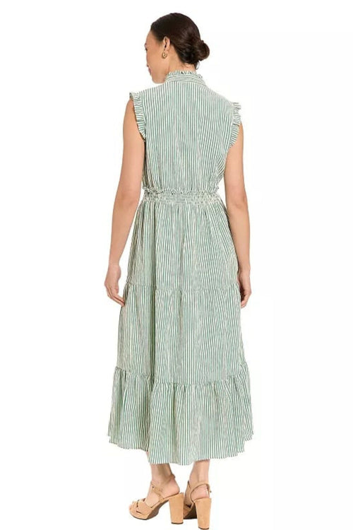London Times T7445M Striped Tiered Ruffle Sleeveless Collared A-Line Maxi Dress with Ruffled Detail