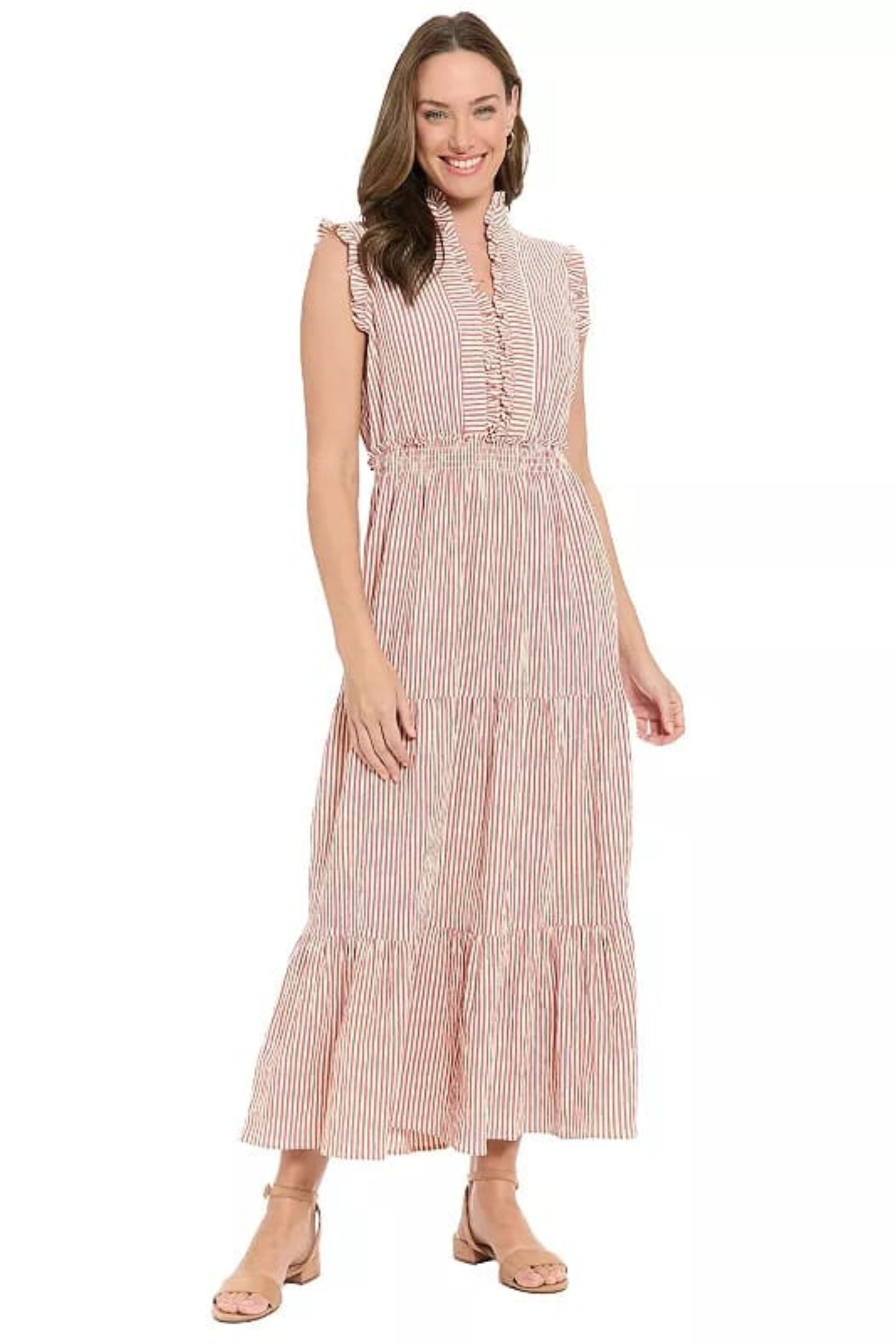 London Times T7445M Striped Tiered Ruffle Sleeveless Collared A-Line Maxi Dress with Ruffled Detail