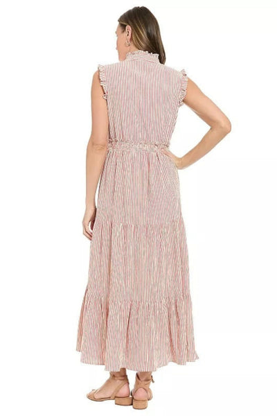 London Times T7445M Striped Tiered Ruffle Sleeveless Collared A-Line Maxi Dress with Ruffled Detail