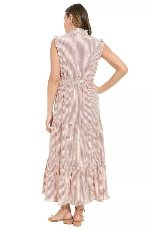 London Times T7445M Striped Tiered Ruffle Sleeveless Collared A-Line Maxi Dress with Ruffled Detail