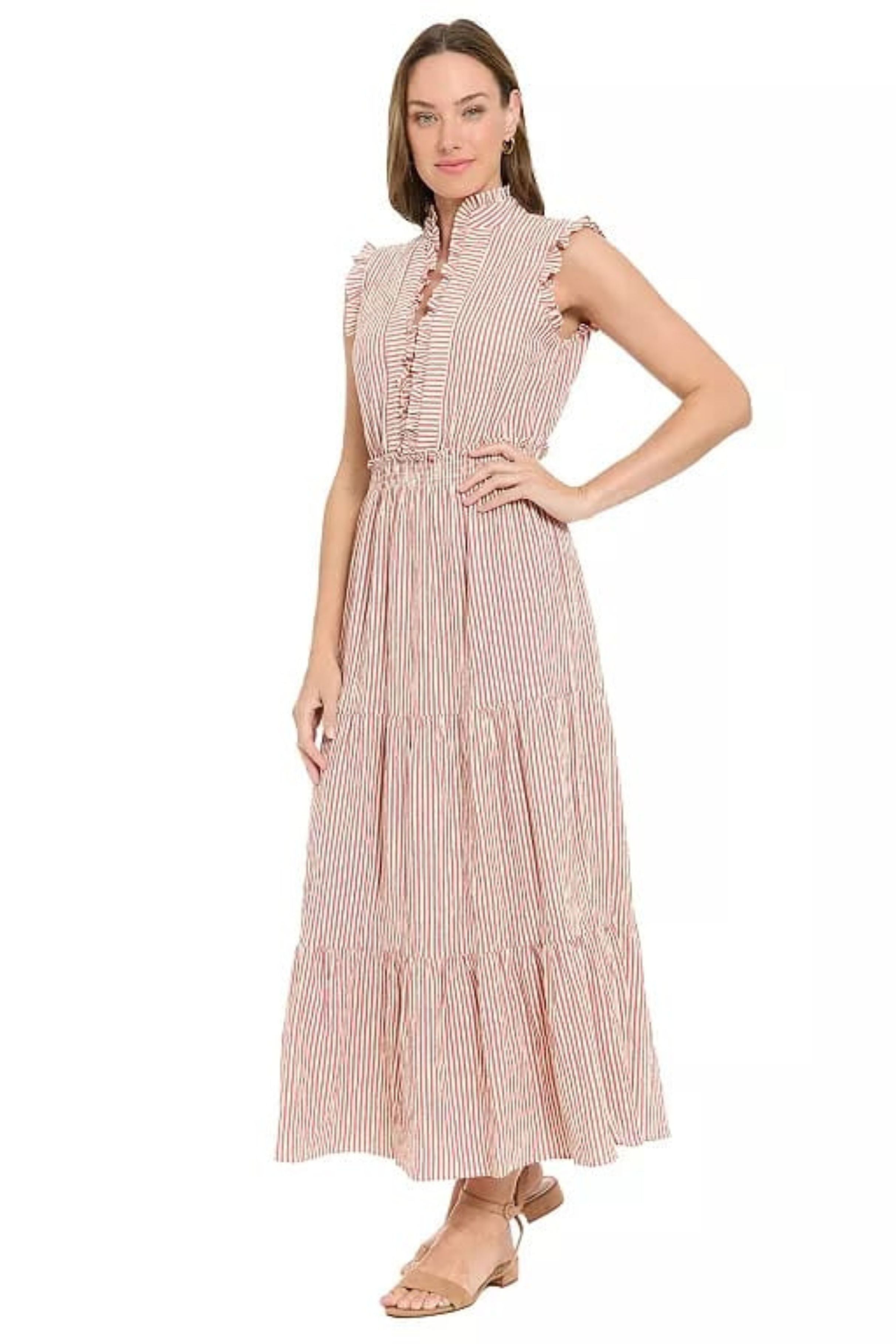 London Times T7445M Striped Tiered Ruffle Sleeveless Collared A-Line Maxi Dress with Ruffled Detail
