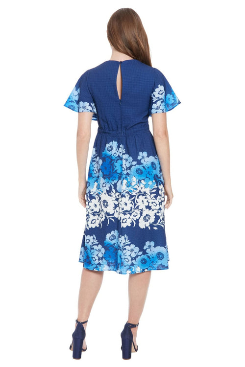 London Times T7826M Flower Print A-Line Midi Dress with V Neck, Short Sleeve, Floral Print
