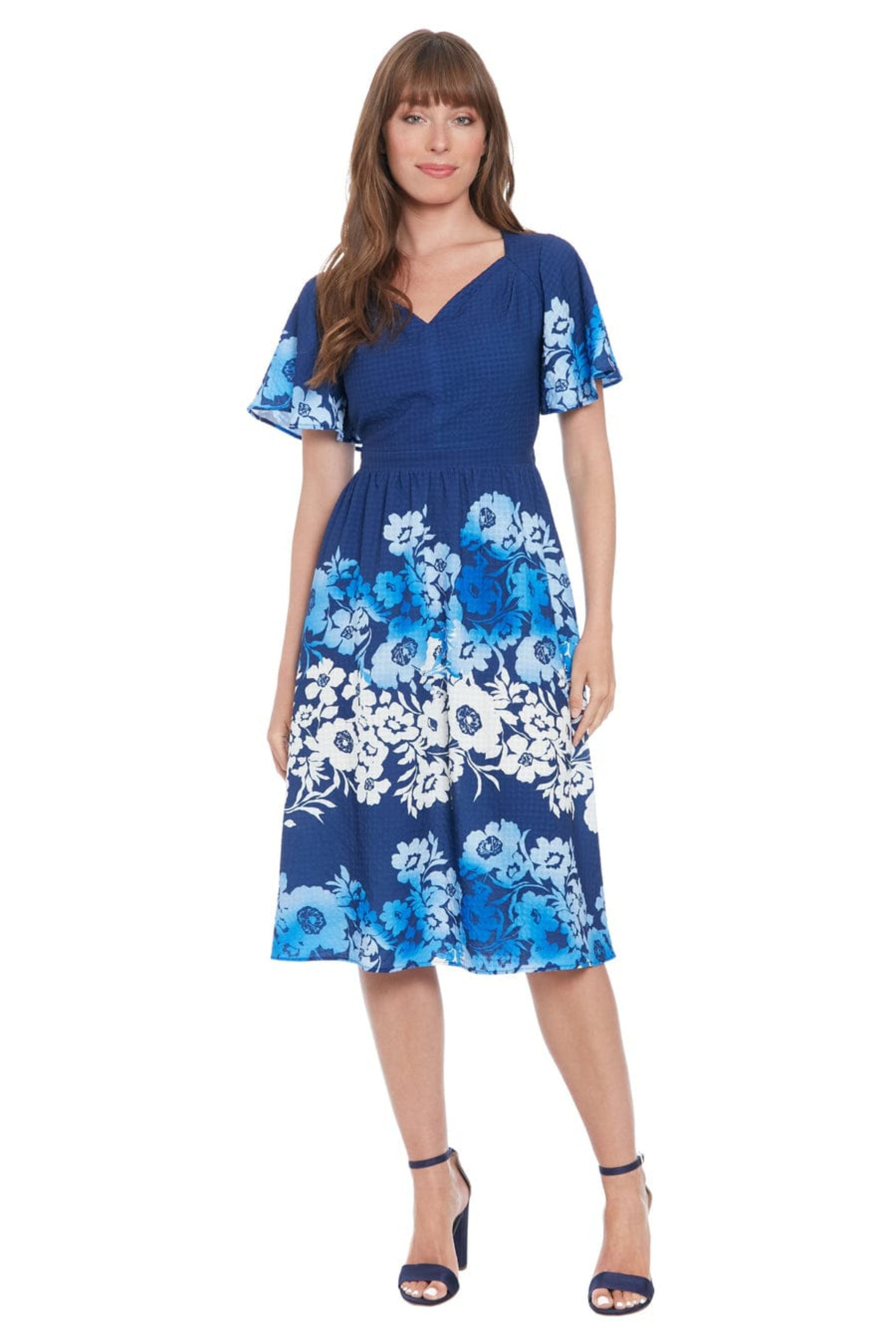 London Times Flutter Sleeve Floral Print Midi Dress, Size 6, Navy/Cobalt