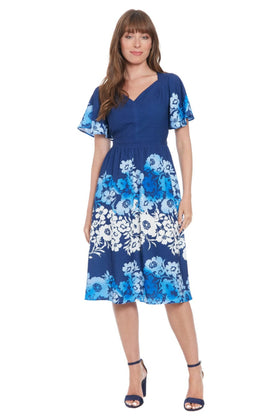 London Times T7826M Flower Print A-Line Midi Dress with V Neck, Short Sleeve, Floral Print