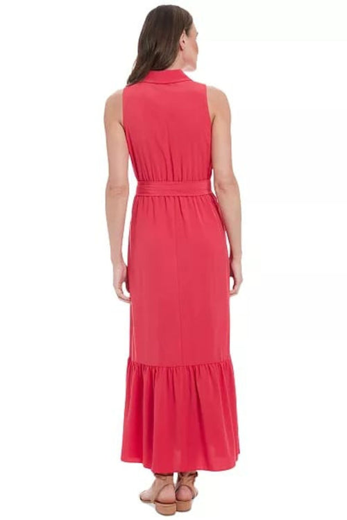 London Times T8007M Rose Red Sleeveless Button-Front Collared Maxi Dress with Ruffled Detail