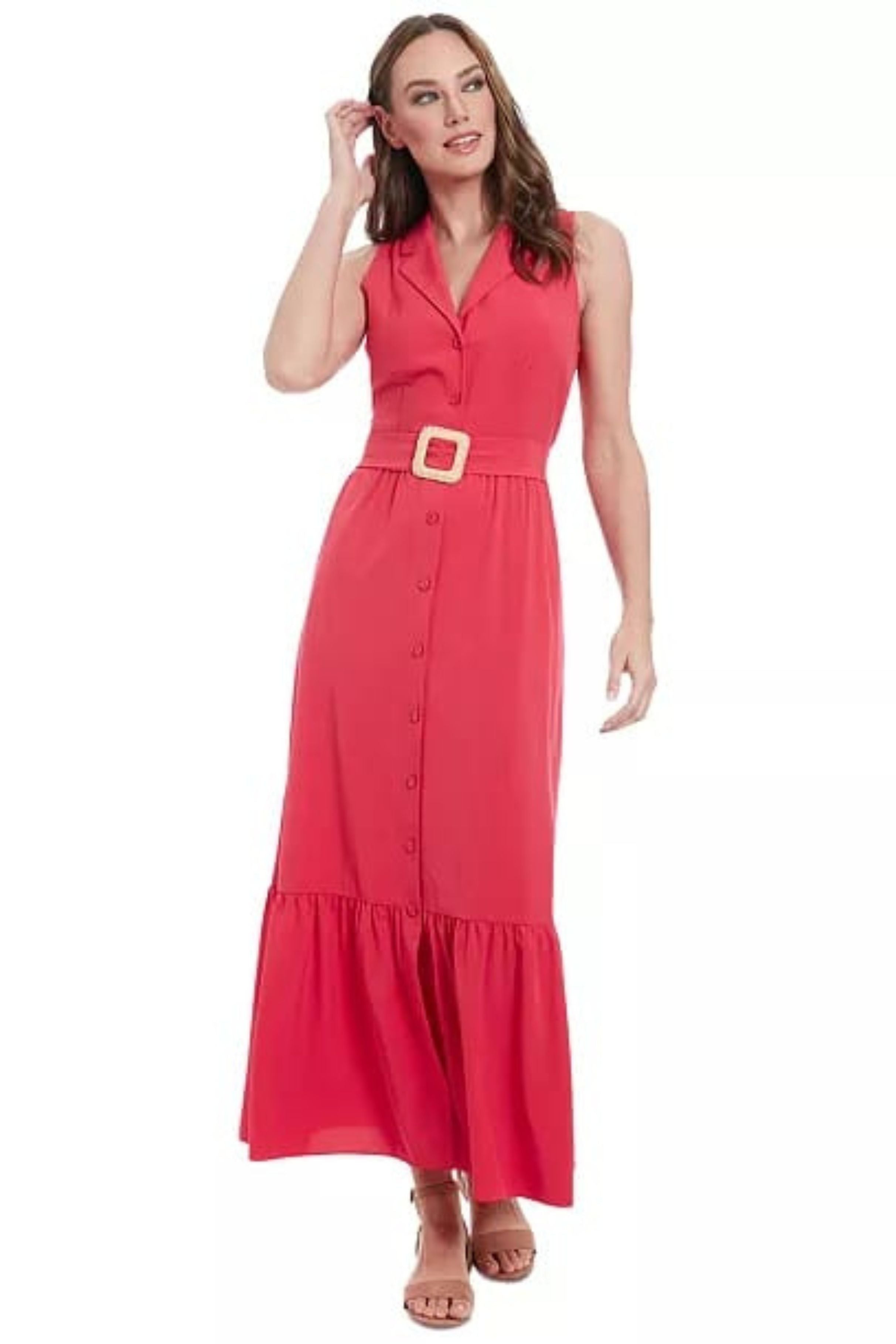 London Times T8007M Rose Red Sleeveless Button-Front Collared Maxi Dress with Ruffled Detail