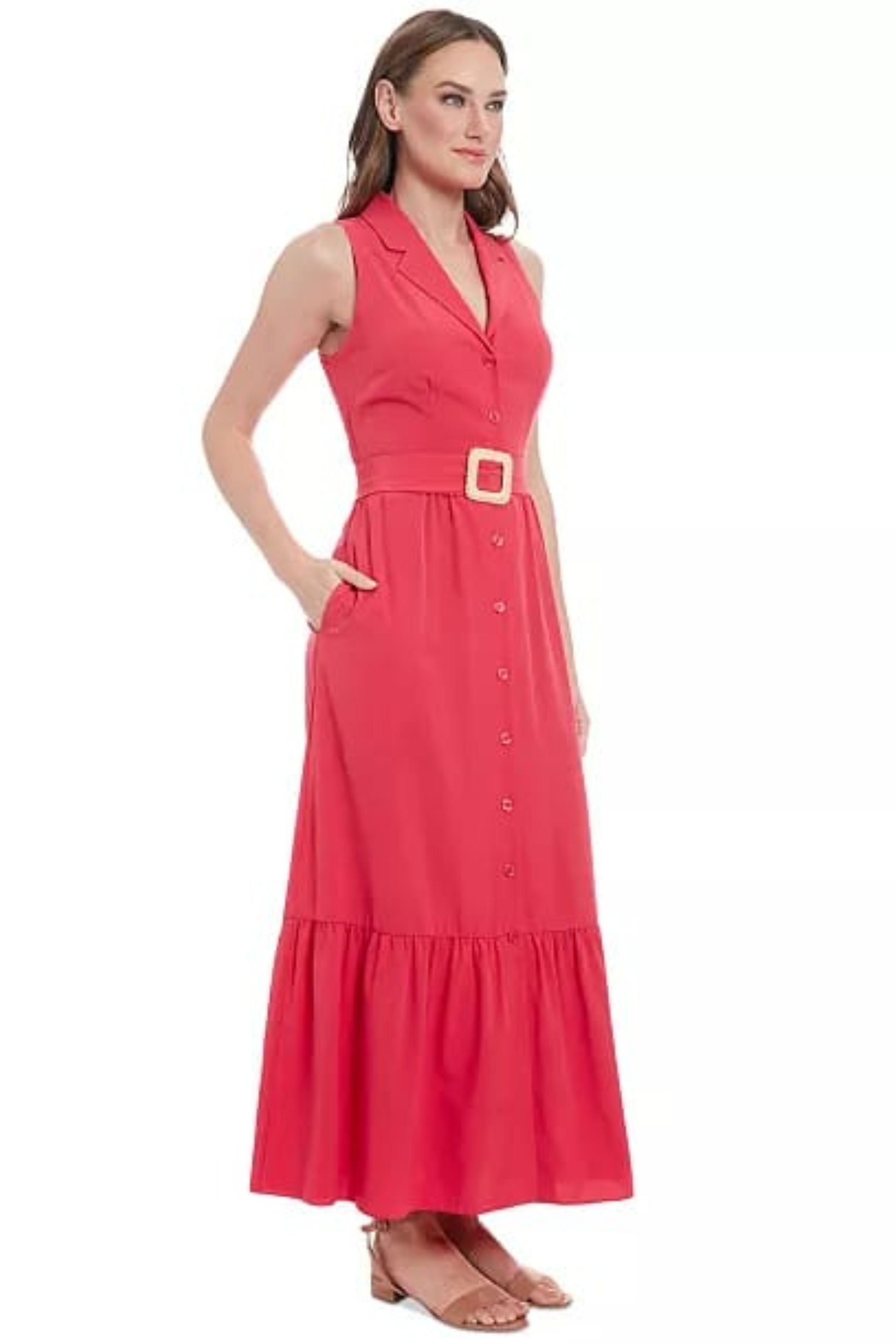 London Times T8007M Rose Red Sleeveless Button-Front Collared Maxi Dress with Ruffled Detail