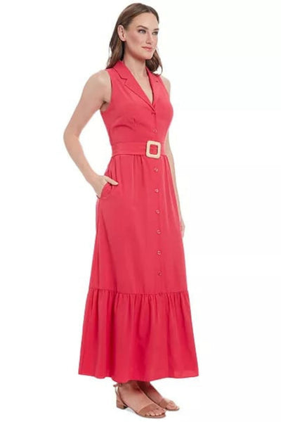 London Times T8007M Rose Red Sleeveless Button-Front Collared Maxi Dress with Ruffled Detail