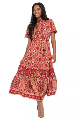 London Times T8052M Sand C Red Floral Print A-Line Short Sleeve Maxi Dress with Tie Sash Belt