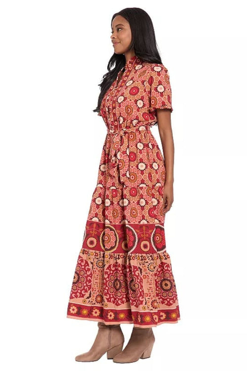 London Times T8052M Sand C Red Floral Print A-Line Short Sleeve Maxi Dress with Tie Sash Belt