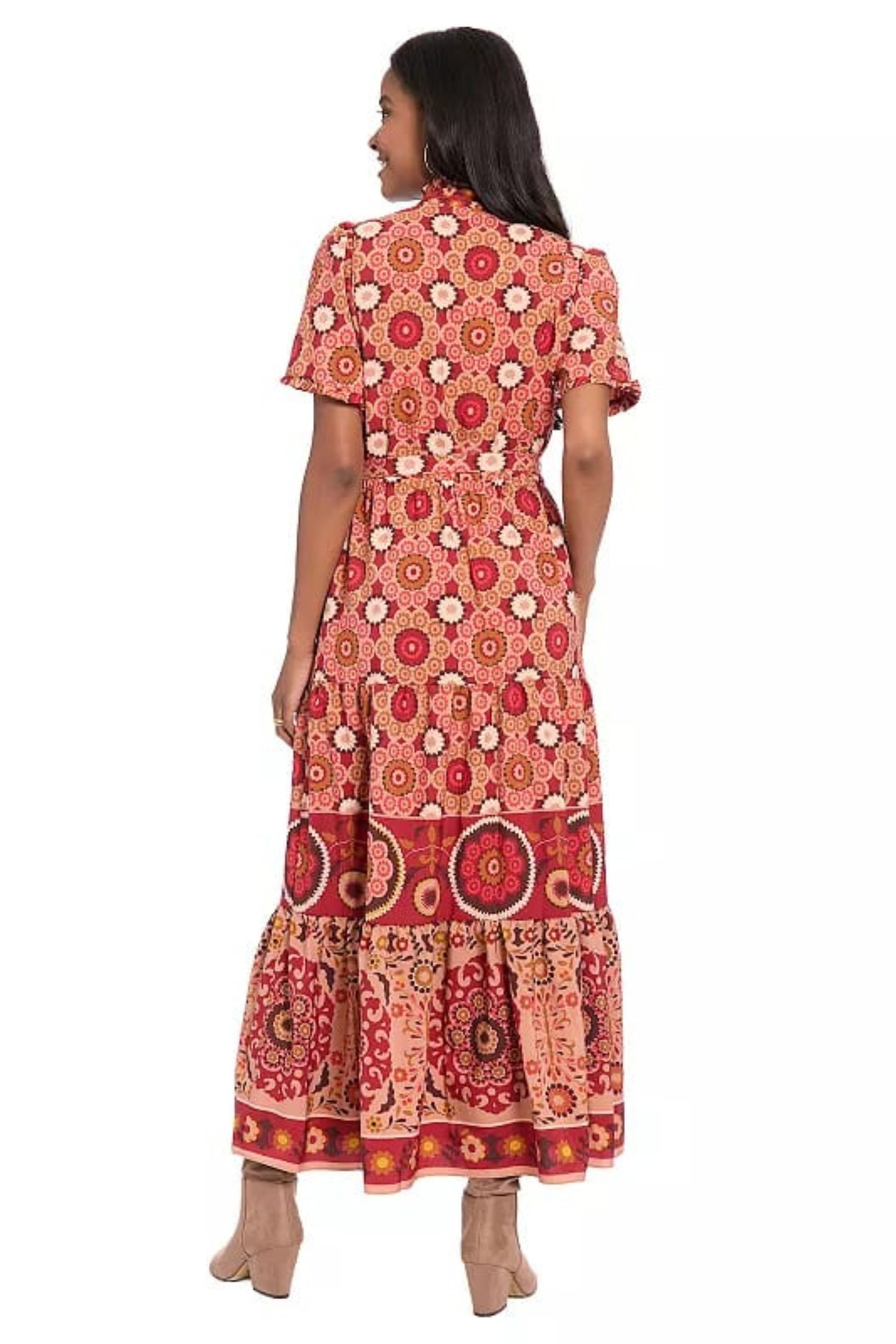London Times T8052M Sand C Red Floral Print A-Line Short Sleeve Maxi Dress with Tie Sash Belt