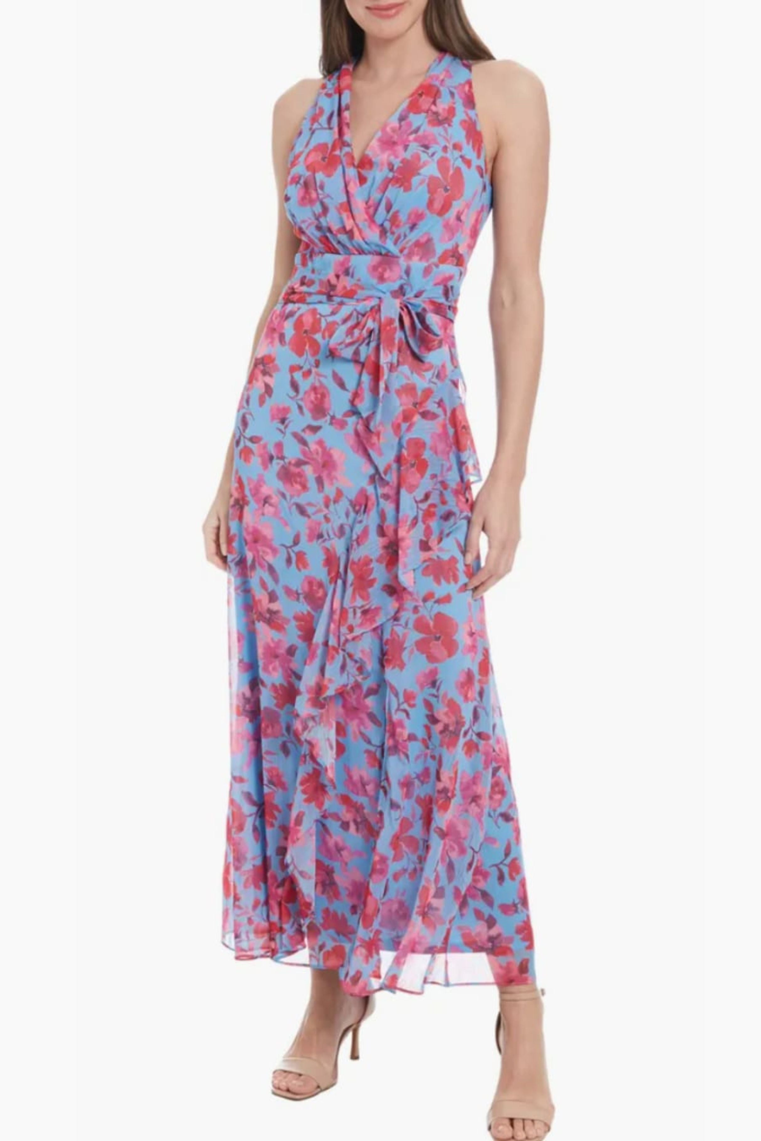 London Times T8059M Blue Pink Chiffon Floral Ruffled Faux-Wrap Surplice V-Neck Maxi Dress with Slit Detail and Lace Detail