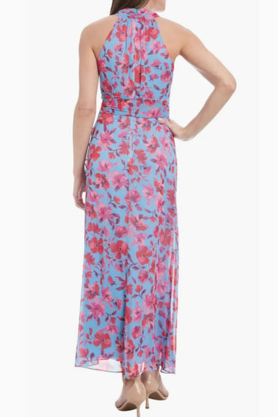 London Times T8059M Blue Pink Chiffon Floral Ruffled Faux-Wrap Surplice V-Neck Maxi Dress with Slit Detail and Lace Detail
