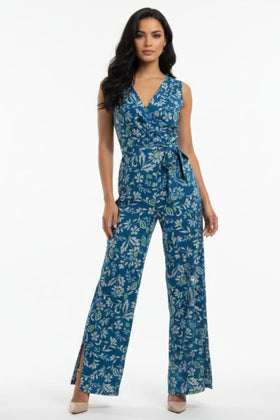 London Times T8080M Teal Cream Floral Print Sleeveless Jumpsuit with Wrap Styling