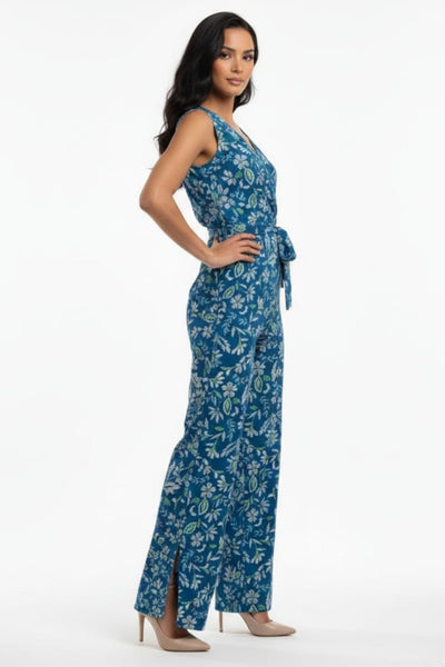 London Times T8080M Teal Cream Floral Print Sleeveless Jumpsuit with Wrap Styling