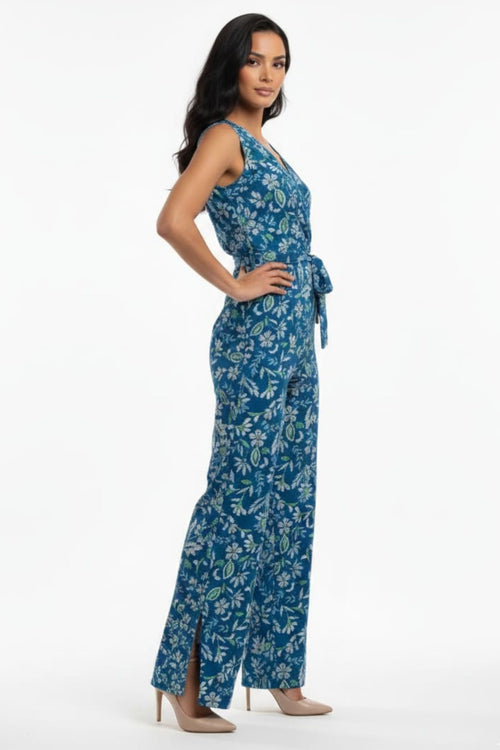 London Times T8080M Teal Cream Floral Print Sleeveless Jumpsuit with Wrap Styling