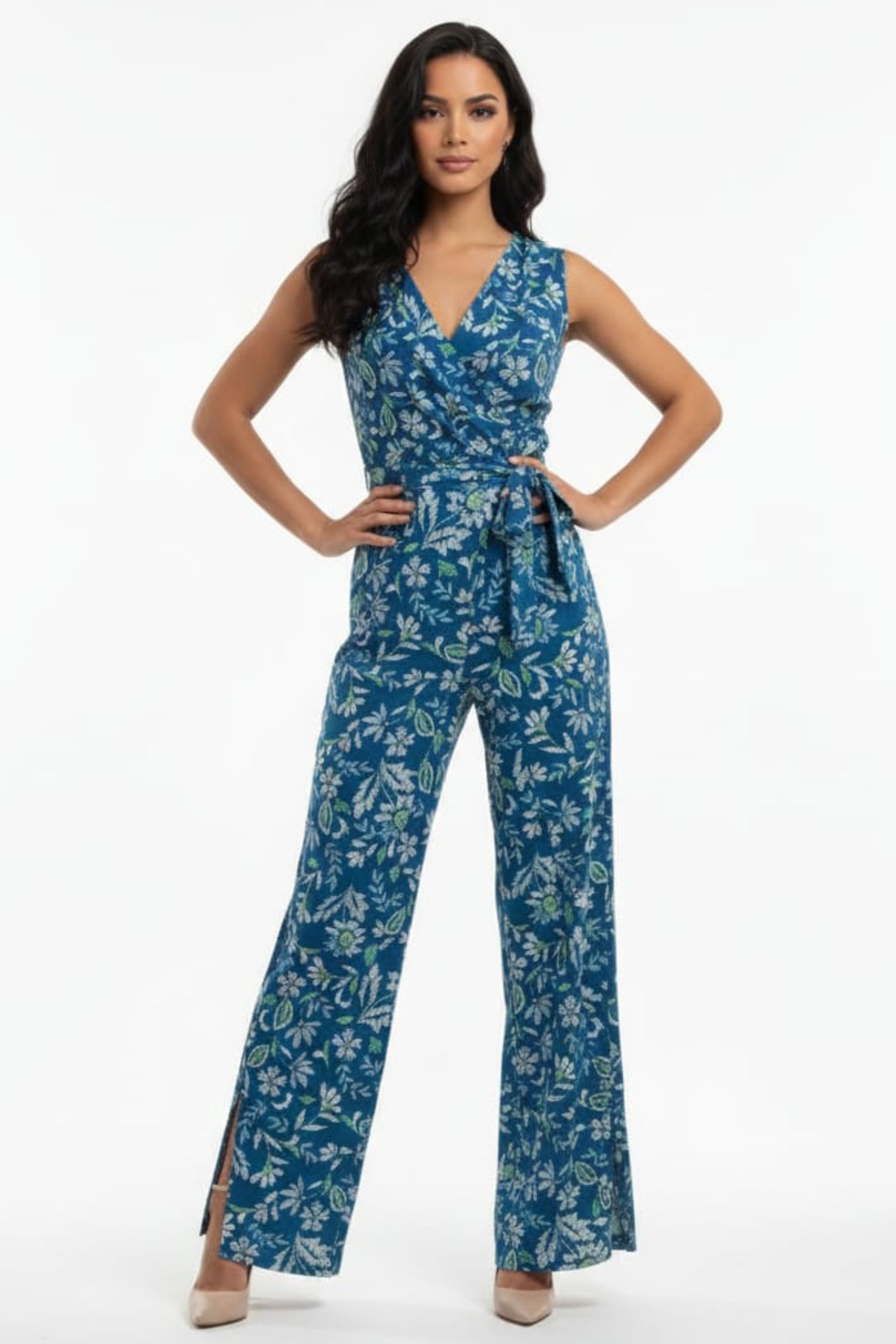 London Times T8080M Teal Cream Floral Print Sleeveless Jumpsuit with Wrap Styling