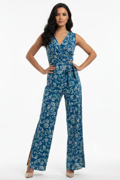 London Times T8080M Teal Cream Floral Print Sleeveless Jumpsuit with Wrap Styling