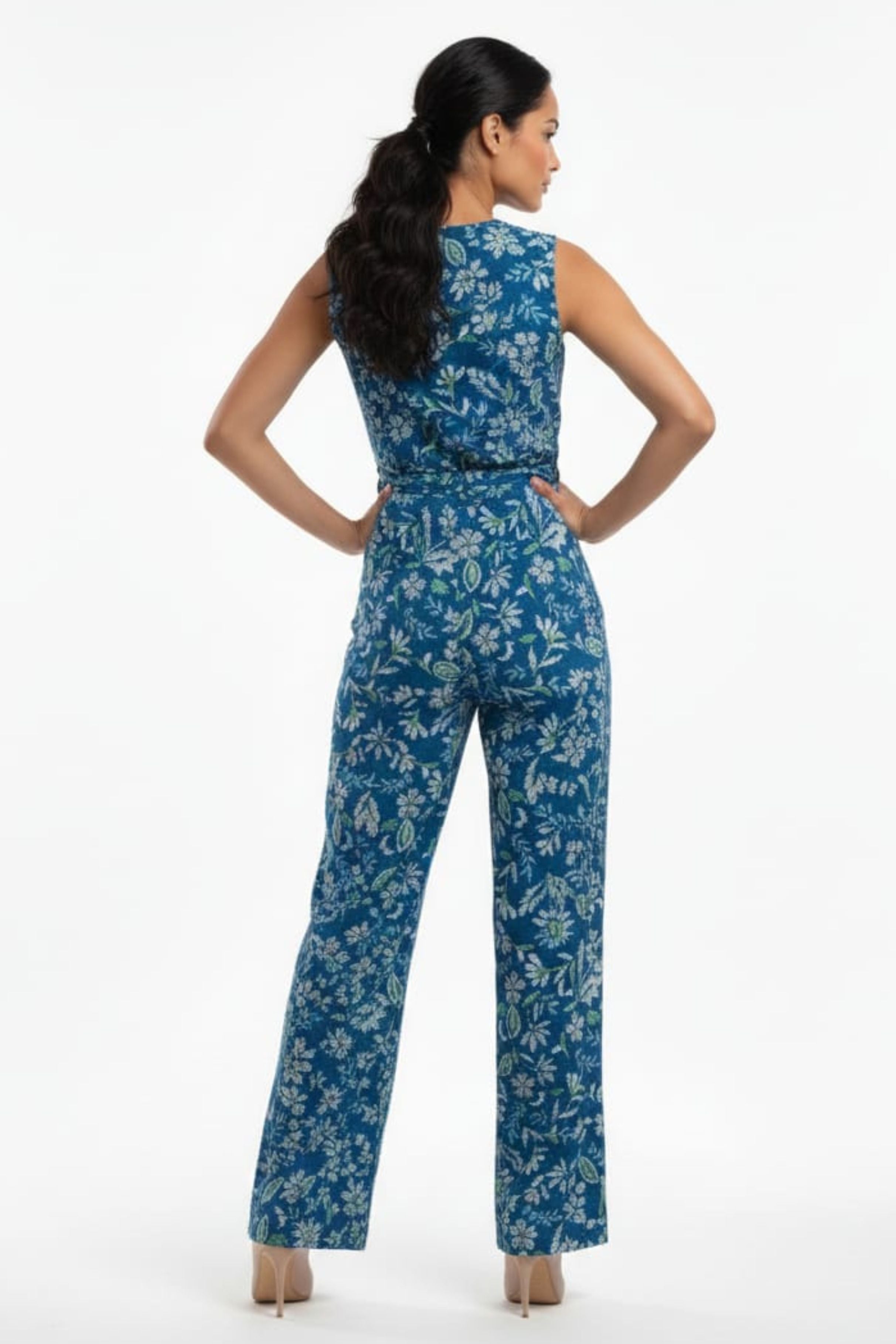 London Times T8080M Teal Cream Floral Print Sleeveless Jumpsuit with Wrap Styling