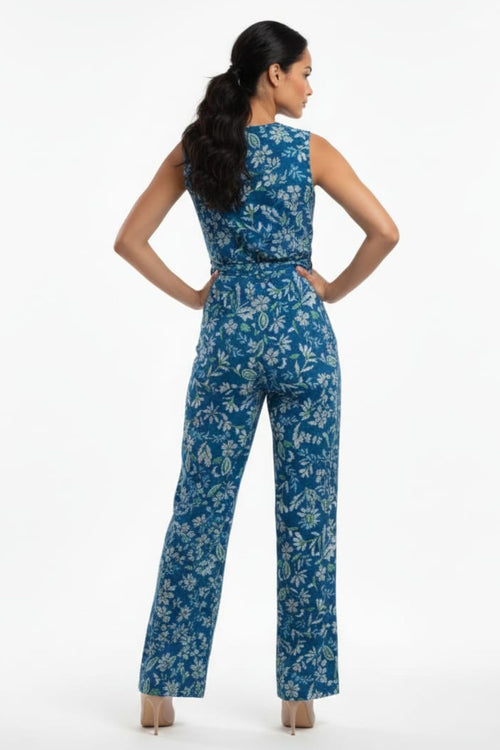 London Times T8080M Teal Cream Floral Print Sleeveless Jumpsuit with Wrap Styling