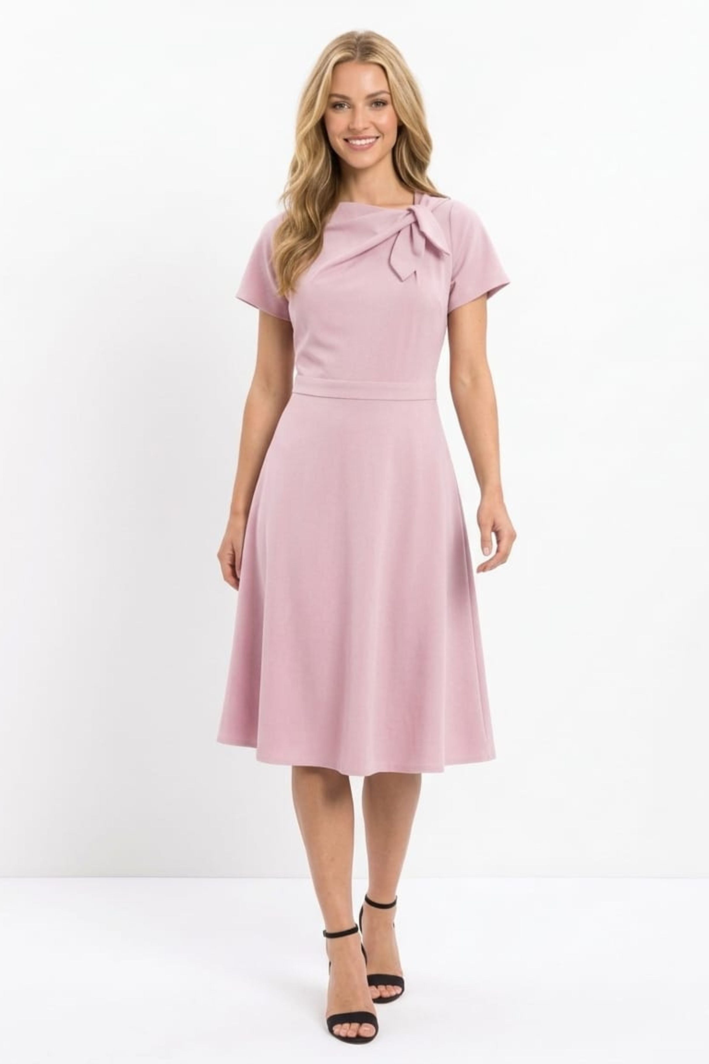 London Times T8085M Bow Neck Short Sleeve A-Line Dress with Scuba Crepe, Fit-and-Flare