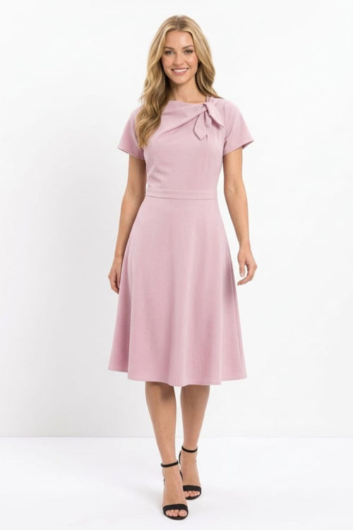 London Times T8085M Bow Neck Short Sleeve A-Line Dress with Scuba Crepe, Fit-and-Flare