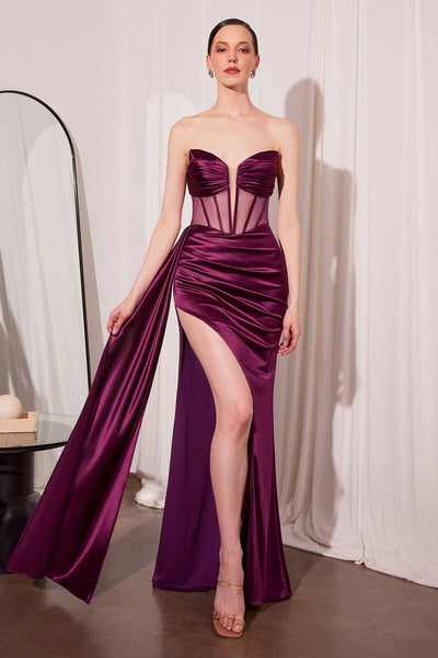 Satin Fitted Strapless Corset Slit Gown in Eggplant – Amoris T811