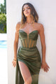 Satin Fitted Strapless Corset Slit Gown in Eggplant – Amoris T811