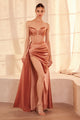 Satin Fitted Strapless Corset Slit Gown in Eggplant – Amoris T811