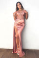 Satin Fitted Strapless Corset Slit Gown in Eggplant – Amoris T811