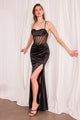 Satin Fitted Sheer Corset Slit Gown in Sienna by Amoris T812