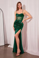 Satin Fitted Sheer Corset Slit Gown in Sienna by Amoris T812