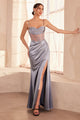 Satin Fitted Sheer Corset Slit Gown in Sienna by Amoris T812