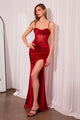 Satin Fitted Sheer Corset Slit Gown in Sienna by Amoris T812