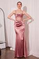 Satin Fitted Sheer Corset Slit Gown in Sienna by Amoris T812