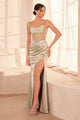 Satin Fitted Sheer Corset Slit Gown in Sienna by Amoris T812