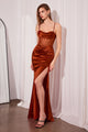 Satin Fitted Sheer Corset Slit Gown in Sienna by Amoris T812